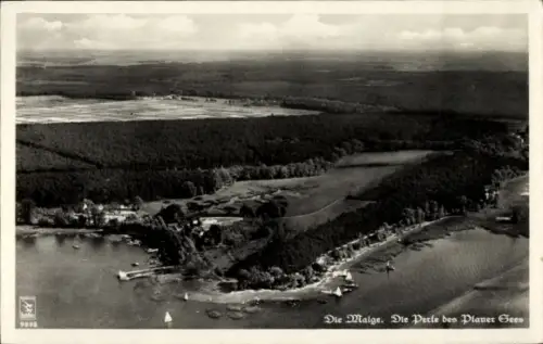 Ak Plau am See Mecklenburg, Luftaufnahme, Uferbucht mit Stegen und Booten, Wald, Segelboot, klein