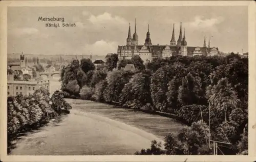 Ak Merseburg an der Saale, Schloss mit mehreren Türmen, Fluss im Vordergrund, dichter Baumbestand
