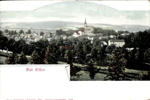 Ak Bad Elster im Vogtland, Panorama mit Häusern und Hügeln, Kirchturm, Bäume und Park, gedruckter