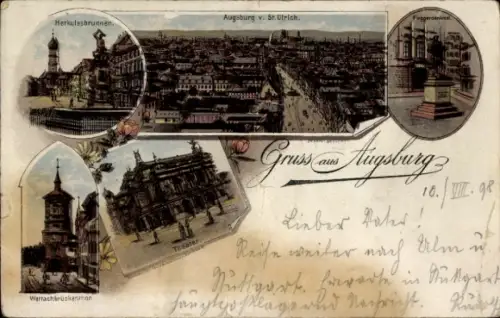 Ak Augsburg in Schwaben, Stadtpanorama mit langer Straße und Brücke, Herkulesbrunnen, Fuggerdenkm