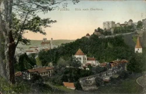 Ak Passau in Niederbayern, Burg auf bewaldetem Hügel, Kirchturm, Häuser, Bäume im Vordergrund