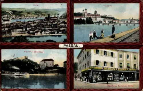 Ak Passau in Niederbayern, Panorama am Fluss, Personen am Ufer, Burg am Ufer, Kaufhaus Burian & Z