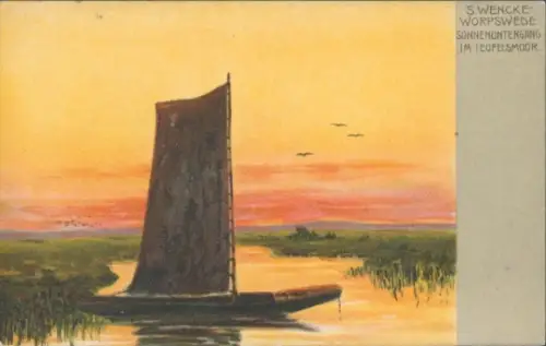 Künstler Ak Wehncke, S., Nordsode Worpswede in Niedersachsen, Sonnenuntergang, Teufelsmoor