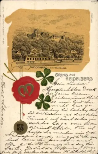 Litho Heidelberg am Neckar, Blick von der Hirschgasse, Siegel, Hufeisen, Kleeblätter