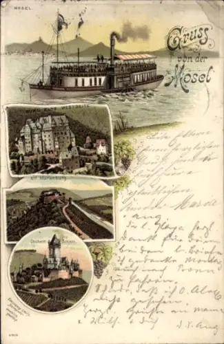 Litho Wierschem an der Mosel, Burg Eltz, Marienburg, Schloss Cochem, Dampfschiff auf der Mosel