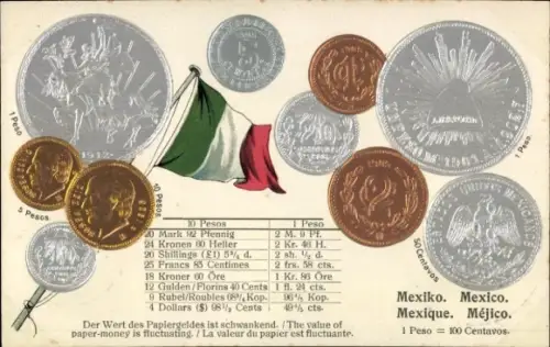 Präge Ak Mexiko, Fahne, Münzen, Währung