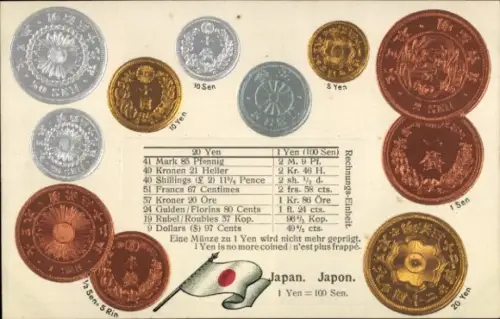 Präge Ak Japan, Fahne, Münzen, Währung