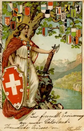 Wappen Ak Schweiz, Kantone, Kriegerin mit Schutzschild
