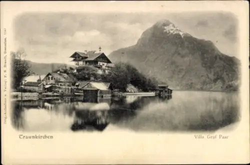 Ak Traunkirchen am Traunsee Oberösterreich,  Villa Graf Paar, Berglandschaft, Wasser, Schwarz-Wei