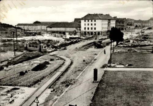 Ak Nordhausen am Harz, Töpferstraße, Kornmarkt, Neubau mit Gleisprovisorium Weberstraße