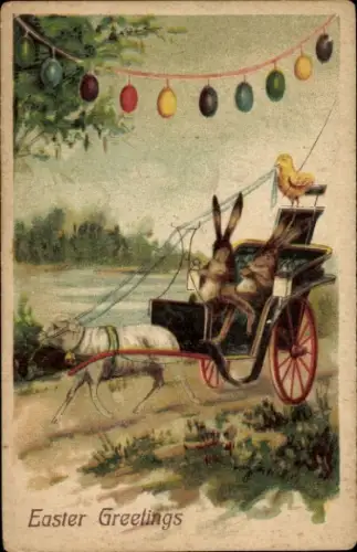 Ak Glückwunsch Ostern, Hasen in einer Kutsche, Lamm, Küken als Kutscher, Ostereier