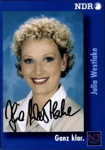 Autogrammkarte Fernsehmoderatorin Julia Westlake, Portrait, Autogramm