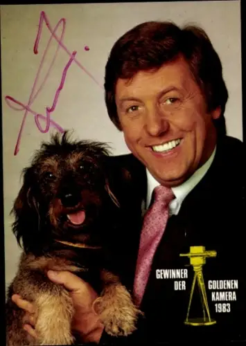 Foto Moderator Karl Moik, Portrait mit Wastl, Autogramm
