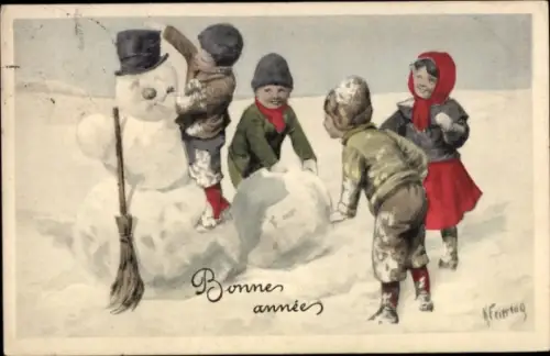 Künstler Ak Feiertag, K., Glückwunsch Neujahr, Kinder bauen einen Schneemann