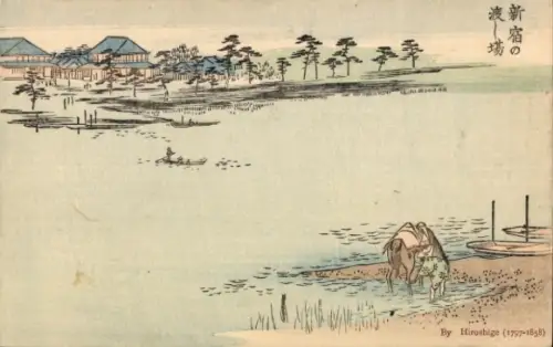 Künstler Ak Hiroshige, Japan, Fluss, Häuser