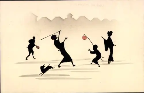 Scherenschnitt Ak Menschen, Lampion, Spiel