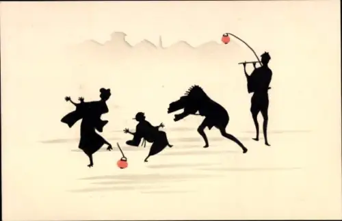 Scherenschnitt Ak Menschen, Lampion, Flötenspieler