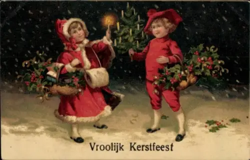 Ak Glückwunsch Weihnachten, Kinder, Tannenbaum, Stechpalme