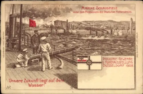 Litho Düsseldorf, Industrie- und Gewerbeausstellung 1902, Marinesoldaten, Geschütz