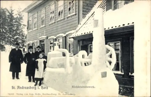 Ak St. Andreasberg Braunlage Harz, Elektrizitätswerk aus Schnee gebaut
