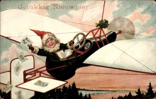Ak Glückwunsch Neujahr, Zwerg im Flugzeug, Briefe