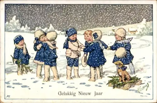 Künstler Ak Feiertag, K., Glückwunsch Neujahr, Kinder, Hund, Schlitten