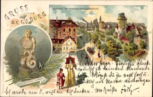Litho Augsburg in Schwaben, Gesamtansicht, Steinerner Mann