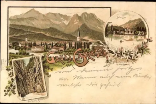 Vorläufer Litho Garmisch Partenkirchen in Oberbayern, Gesamtansicht, Badersee