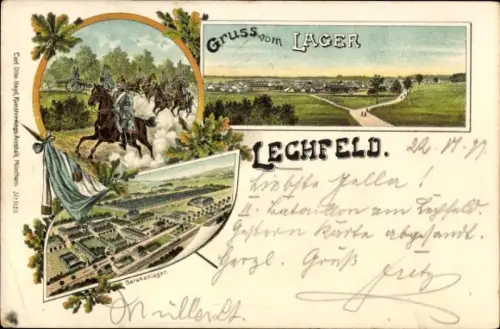 Litho Lager Lechfeld Graben Schwaben, Barackenlager, Kavallerie, Artillerie