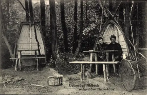 Ak Ostseebad Ahlbeck auf Usedom, Wolgast-See, Fischerhütte