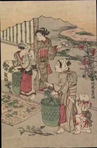 Ak Japanerinnen in Tracht, Arbeit im Garten, Pflanzenpflege