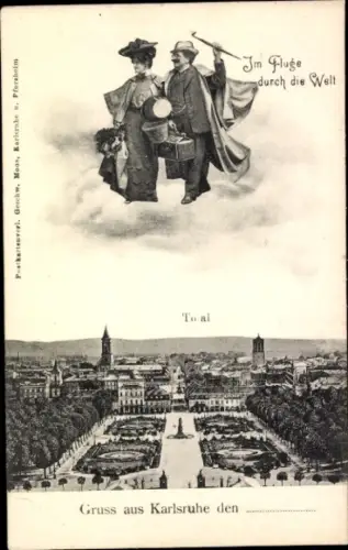 Ak Karlsruhe in Baden, Gesamtansicht, Paar im Flug