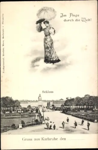 Ak Karlsruhe in Baden, Schloss, Frau im Flug