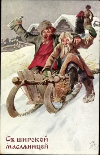 Künstler Ak Glückwunsch, Männer fahren Schlitten