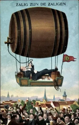 Ak Bierfass als Luftschiff, Bierkrüge, Männer