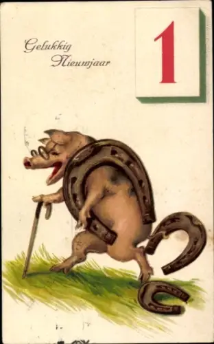 Ak Glückwunsch Neujahr, Schwein, Hufeisen, Kalender