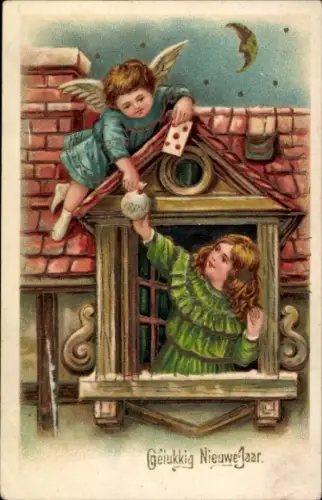 Präge Ak Glückwunsch Neujahr, Mädchen, Engel, Geldsack