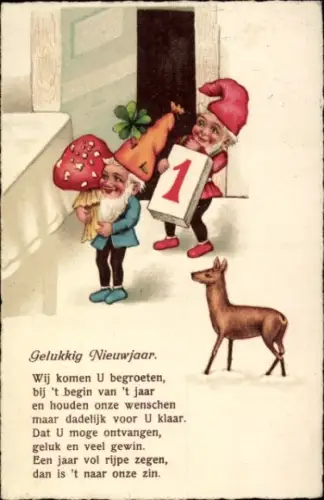 Ak Glückwunsch Neujahr, Zwerge mit Fliegenpilz, Kalender, Reh