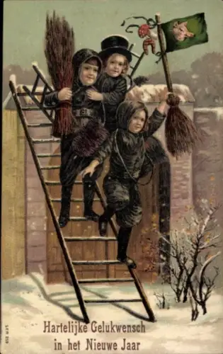 Präge Litho Glückwunsch Neujahr, Schornsteinfeger