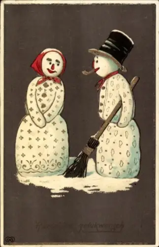 Ak Glückwunsch, Schneemann, Schneefrau