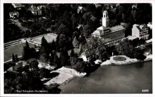 Ak Bad Schachen Lindau am Bodensee Schwaben, Luftaufnahme von Bad Schachen, Bodensee, Hotel, Bäum