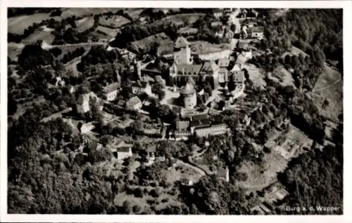 Ak Burg an der Wupper Solingen, Luftaufnahme Schloss Burg, bergisches Land, Terrassen-Restaurant,