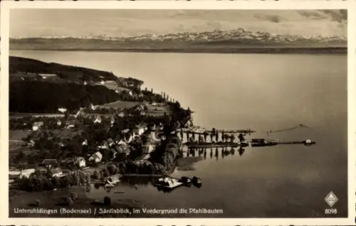 Ak Unteruhldingen Uhldingen Mühlhofen am Bodensee, Unteruhldingen, Säntisblick, Pfahlbauten, Bode
