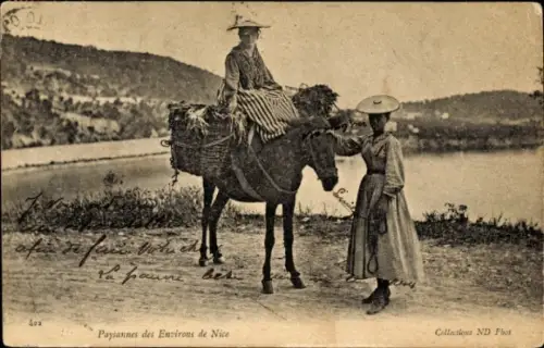 Ak Nice Nizza Alpes Maritimes, Zwei Bäuerinnen mit einem Esel