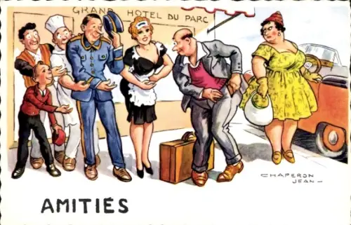 Künstler Ak Chaperon, Jean, Grand Hôtel du Parc, Mann gibt Trinkgeld, großbusiges Dienstmädchen