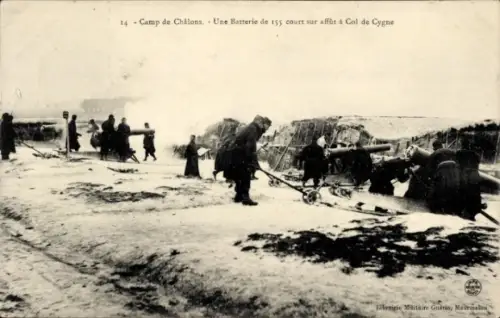 Ak Camp de Chalons Camp de Mourmelon Marne, 155er Batterie, Col de Cygne
