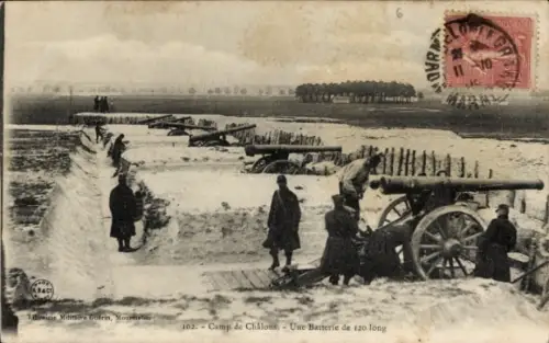 Ak Camp de Chalons Camp de Mourmelon Marne, Batterie de 120 long