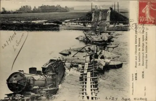 Ak Meaux Seine et Marne, Pont sur l'Ourcq détrui, Bataille 1914, Brückeneinsturz, Eisenbahn im Fluss
