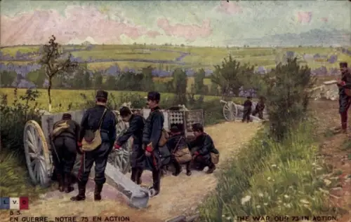 Künstler Ak Französisches 75 mm Geschütz in Aktion, Felder