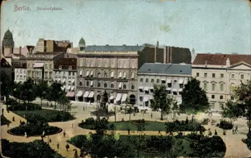 Ak Berlin, Parkanlage auf dem Dönhofplatz, Geschäfte, Denkmal